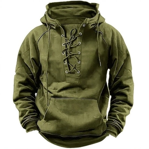 Vintage olive green men's tactical hoodie with drawstring hood and lace-up neck design
