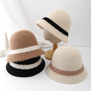 Knit Bucket Hat Warm Acrylic Striped Contrast Color Foldable Fisherman Hat For Women Winter
