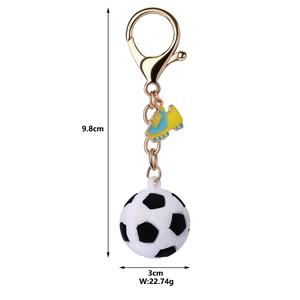 Detail view of soccer keychain with dimensions 9.8cm length and 22.74g weight