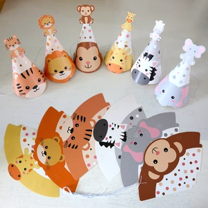 DIY Animal Theme Birthday Party Hats For Kids Jungle Safari Farm Forest Animal Paper Cone Hats Birthday Decorations Supplies