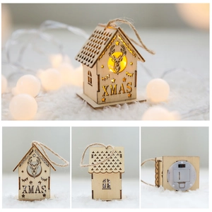 Luminous wooden Christmas house hanging ornament with warm LED light and XMAS design