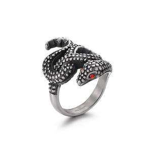Punk vintage stainless steel lizard ring with red gem eyes and realistic scales