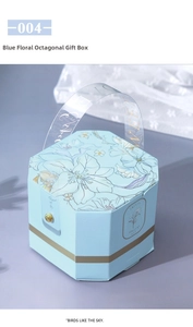 Macro detail of octagonal light blue wedding candy box with floral patterns and gold handle