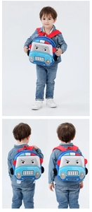 Detailed close-up of the blue plush police car backpack with embroidered POLICE lettering