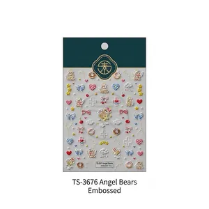 3D embossed nail stickers featuring cute angel bears, hearts, and stars in macaron colors