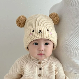 Cute baby winter knit hat and cardigan set with double pom poms and bear face embroidery