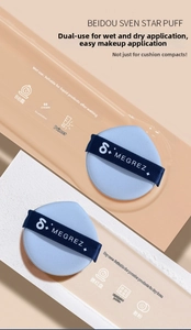 Close-up of dual-use blue air cushion puffs with satin straps on geometric platforms