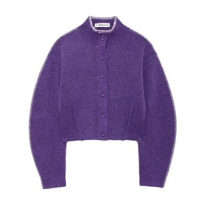 Cardigan In Maglia Viola Da Donna Maglione Collo Alto Cuciture A Contrasto Bottone Maniche Lunghe Allentato