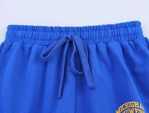 Détail du short bleu roi à taille élastique avec cordon et imprimé Michigan