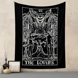 Tarot Card Tapestry Wall Hanging Polyester Black White The Lovers VI Gothic Bohemian Home Decor For Bedroom Living Room