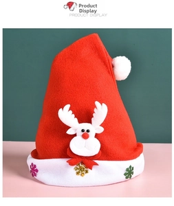 Detail of red plush Christmas hat with 3D reindeer doll and colorful snowflake sequins
