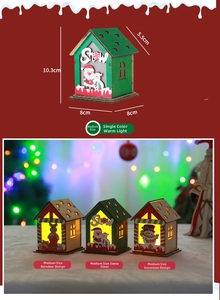 Detailed size view of glowing wooden Christmas house with reindeer and snowman design