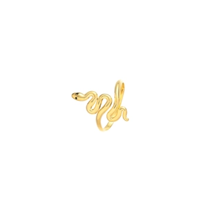 Polished gold snake shaped stainless steel ring with black eye accents and open design