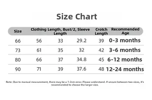 Detailed size guide for baby winter panda jumpsuit showing length and age for 0-24 months