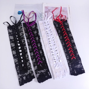 Long lace fingerless gloves with ribbons for stage performance and party events