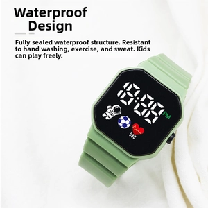 Detail view of mint green LED digital sports watch featuring waterproof seal design