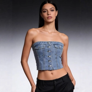 Denim Tube Top Strapless Button Down Crop Vest Slim Fit Smocked Back Raw Hem Sexy Streetwear Casual Fashion Women