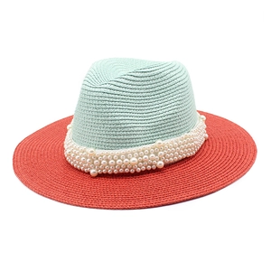 Straw Fedora Hat Patchwork Contrast Color Artificial Pearl Beaded Band Wide Brim Sun Protection Summer Beach Vacation For Women