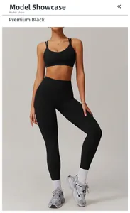 Close-up of premium black high-waist yoga leggings and racerback sports bra set