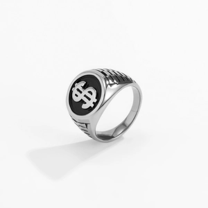 Vintage silver dollar sign ring for men with hip hop style and black enamel details