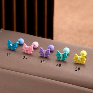 Bow Stud Earrings With Stainless Steel Post Copper Zircon Colorful Matte Finish Screw Back For Women Helix Piercing