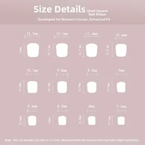Detailed size chart for 24pcs short square press-on nails with dimensions and fit guide