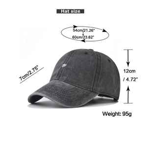 Detailed size specifications for the washed cotton baseball cap with small R embroidery