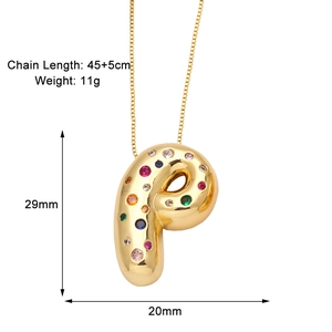 Detailed view of gold-plated letter P pendant with multicolor zircons and size markings