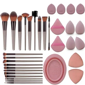 Professional Makeup Brushes Wood Handle Synthetic Fiber Powder Foundation Eyeshadow Sponges Silicone Cleaning Bowl Pink