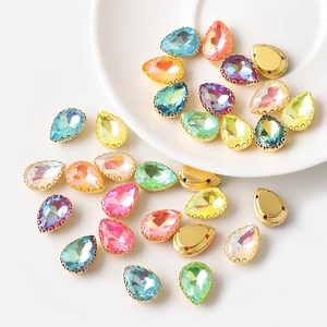 Colorful 10x14mm teardrop rhinestones with gold metal base for DIY sewing crafts