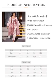 Detailed size chart for pink imitation silk homewear suit including S to XL measurements