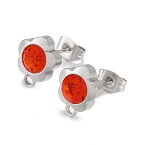 Elegant silver stainless steel flower stud earrings with vibrant orange crystal center