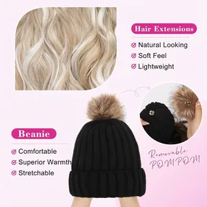 12-inch long wavy black beanie wig with detachable pompom for daily comfort