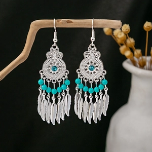 Bohemian silver drop earrings with turquoise beads and metallic feather pendants