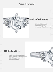 Macro detail of hexagonal emerald-cut zircon ring with S925 sterling silver stamp
