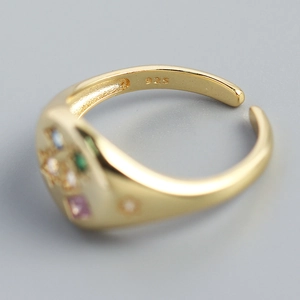 S925 sterling silver gold ring with colorful zircon stars and adjustable open band