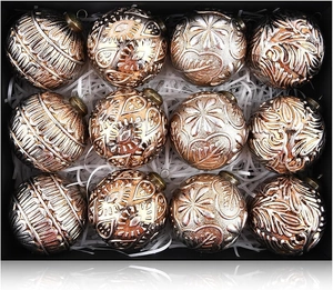 Set of 12 vintage bronze and silver Christmas balls with embossed texture in a gift box