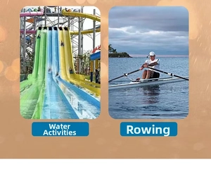 Outdoor water activities scenarios including water park slides and rowing in open water