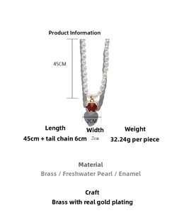 Detail of freshwater pearl necklace with gold-plated heart pendant and size specs