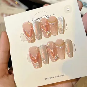 Handmade Press On Nails Reusable Full Cover Mermaid Style With Faux Artificial Pearls And Alloy Chains Cat Eye Glitter Sweet For Women