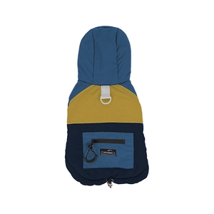 Waterproof tricolor hooded dog jacket with D-ring harness and functional zipper pocket