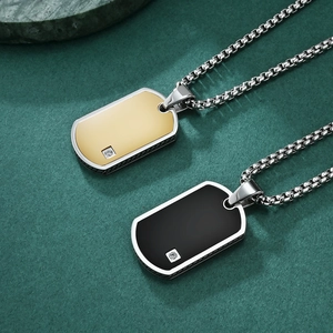 Polished titanium steel dog tag pendants in gold and black with zircon and box chain