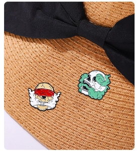 Detailed close-up of dark punk skull enamel pins with smoke elements on a woven hat