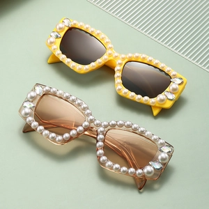 Lunettes De Soleil Polygonales Avec Décoration De Künstliche Perles Et Strass Protection UV400 Mode Y2K Lunettes De Rue Pour Femmes