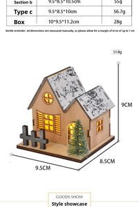 Detailed size specifications for LED wooden Christmas house ornaments with warm glow