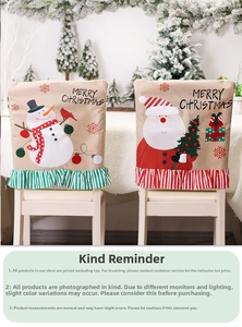 Detail of Santa and Snowman linen chair covers with Merry Christmas embroidery and striped frills