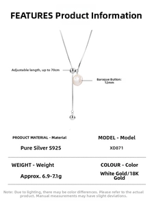 Detail view of adjustable S925 silver necklace featuring a 12mm baroque pearl pendant