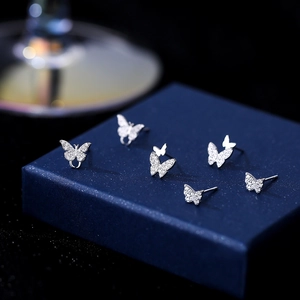 S999 Sterling Silver Butterfly Stud Earrings For Women Elegant Rhinestone Inlaid Animal Piercing Earring Korean Jewelry Gift