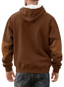 Rear view of brown hooded sweatshirt with geometric jacquard texture and elbow patches