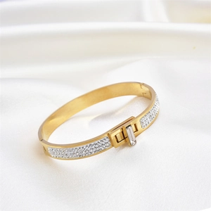 Polished gold stainless steel bangle featuring double-row crystal pavé and turn-lock charm